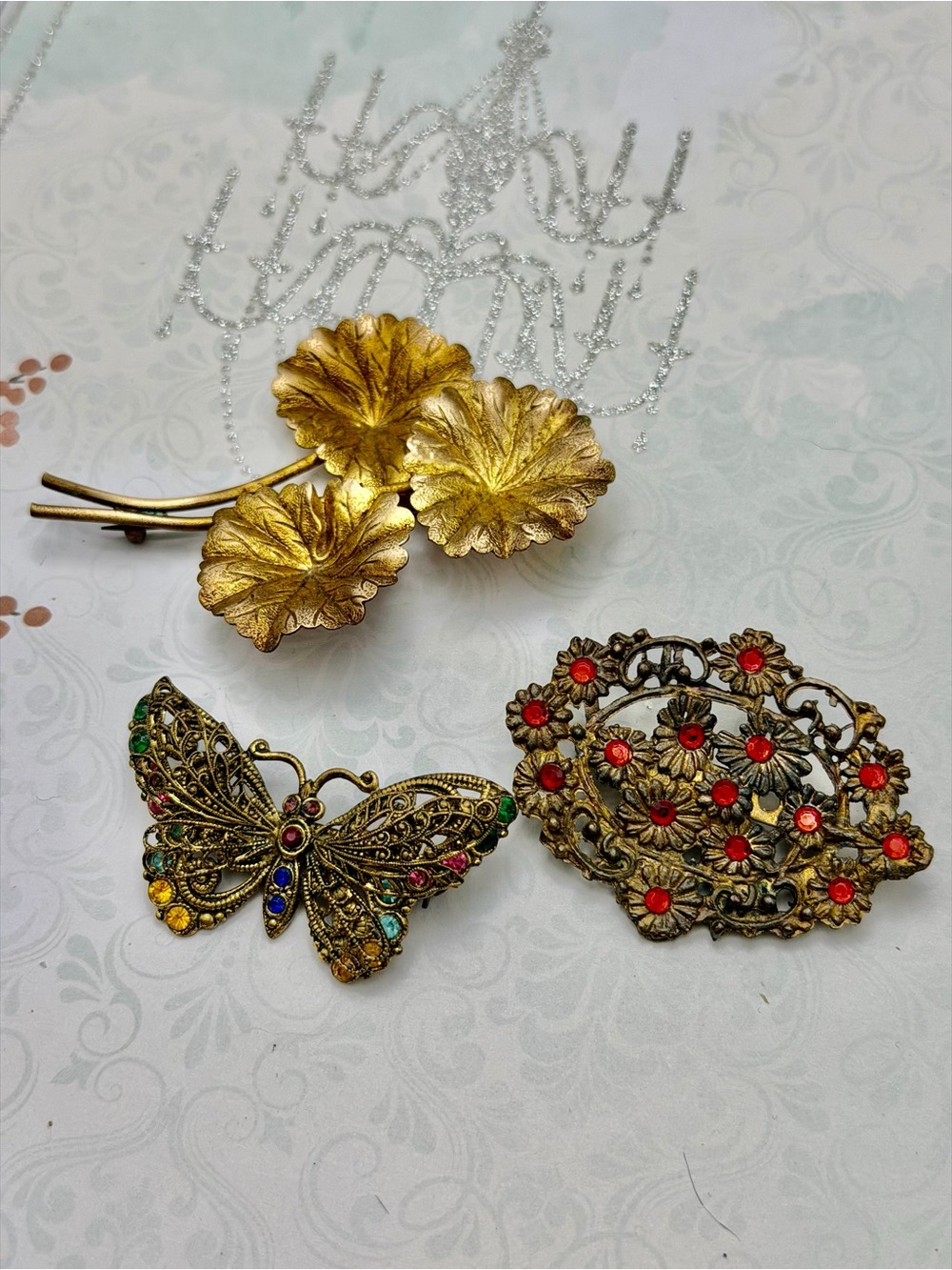 🎃🎃Vintage Czech Floral & Butterfly Brooch Set - #cz783